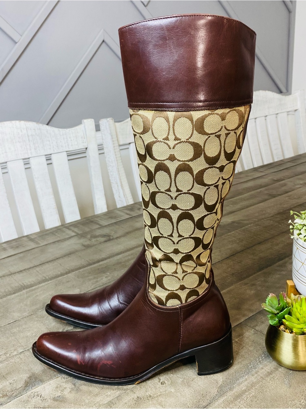 Coach Chrissi Signature Jacquard Leather Tall Riding Boots Brown Burgundy Sz 8 - Picture 2 of 10